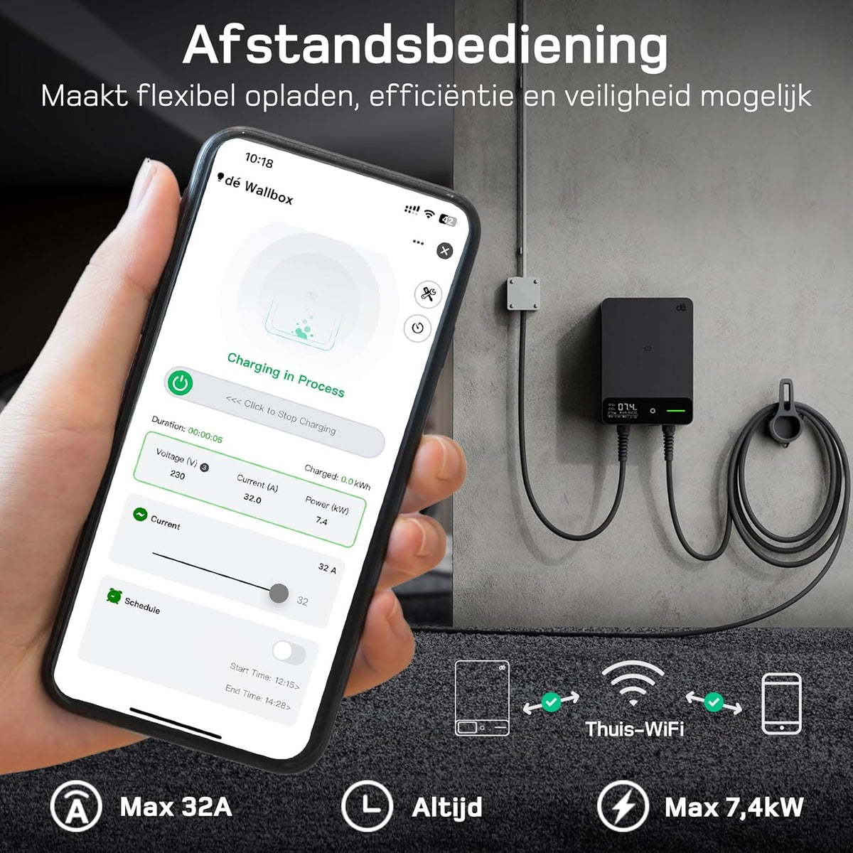 dé Wallbox 7,4kW [7,5m, 6-32A, 1-Fase] EV Oplader 7,4kW met APP en RFID, EV-laadstation met Aardlekschakelaar Type B en IP54 Bescherming, voor BEV/PHEV, Zwart
