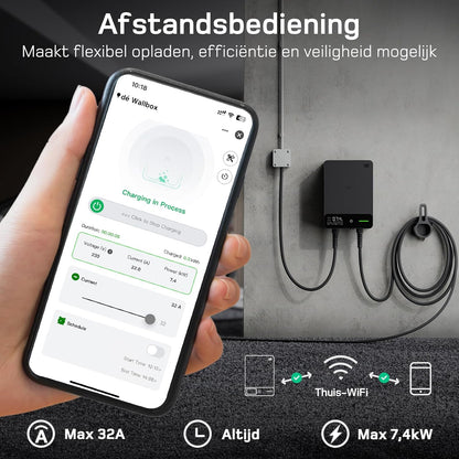 dé Wallbox 7,4kW [7,5m, 6-32A, 1-Fase] EV Oplader 7,4kW met APP en RFID, EV-laadstation met Aardlekschakelaar Type B en IP54 Bescherming, voor BEV/PHEV, Zwart