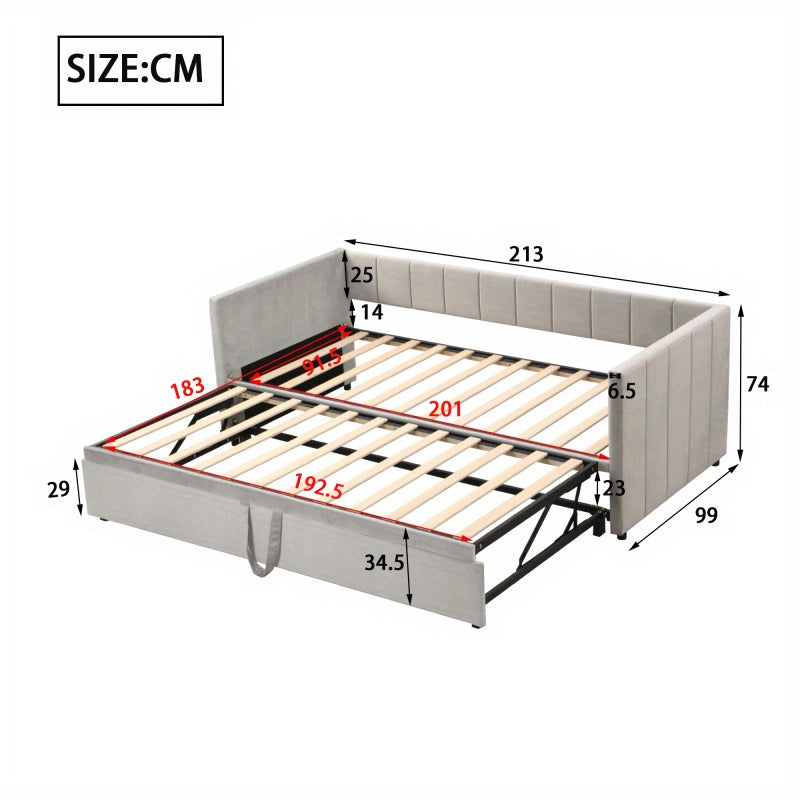 Uitschuifbare Gestoffeerde Slaapbank – Slaapbank – Divanbed – Bankbed – Logeerbed – Lichtgrijs – 90x200 tot 180x200 cm – Lattenbodem geïntegreerd