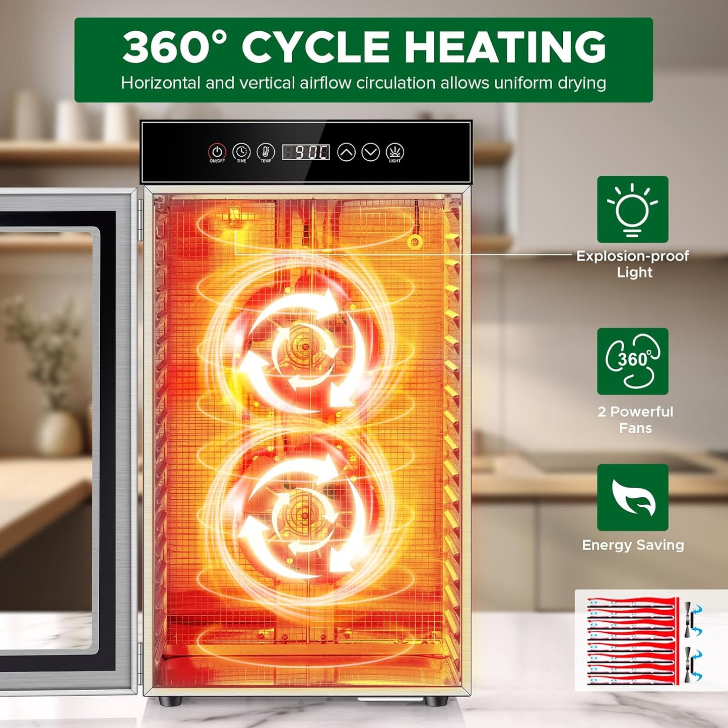 Kwasyo Commerciële Voedsel Dehydrator Machine 18-Tray, 800W Sneldrogende Dehydrater, 24H Timer, LED Display, Roestvrij Staal Dehydrator voor Vlees Jerky Rundvlees Fruit Kruid