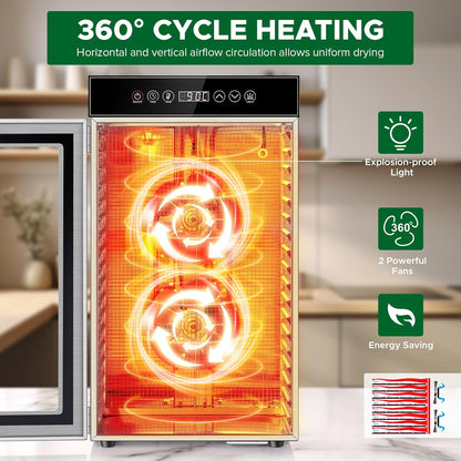 Kwasyo Commerciële Voedsel Dehydrator Machine 18-Tray, 800W Sneldrogende Dehydrater, 24H Timer, LED Display, Roestvrij Staal Dehydrator voor Vlees Jerky Rundvlees Fruit Kruid