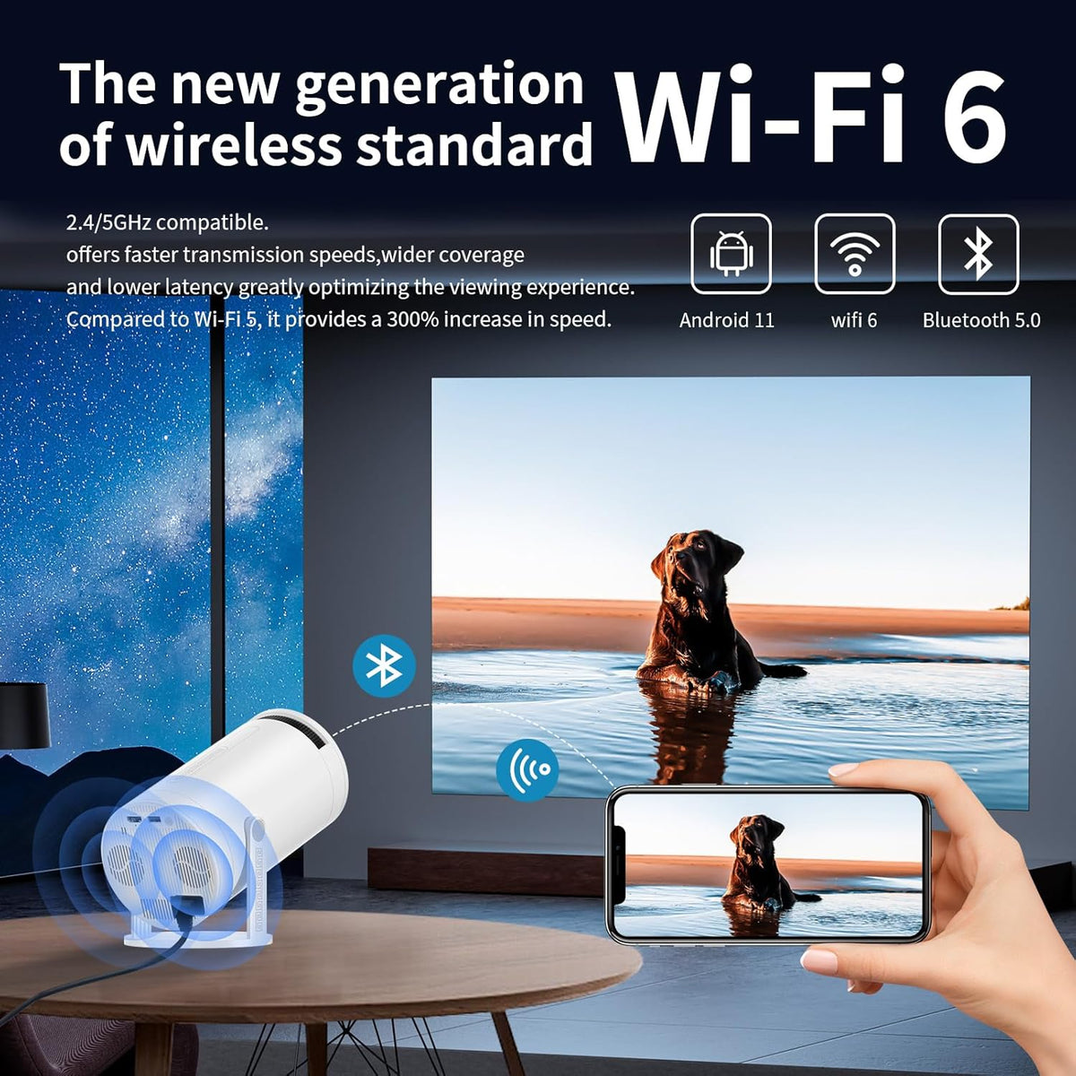 Beamer, mini-projector met wifi en Bluetooth, 4K, CWOWDEFU, 270° verstelbare standaard, outdoor, draagbare filmbeamer, home theater, Native 1080p Full HD-projector met luidspreker, Android TV/HDMI,