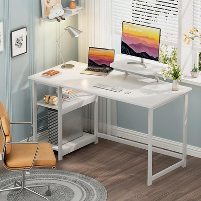 GreenForest Computer Bureau met Monitor Stand, 140cm Home Office met omkeerbare opbergplanken Laptop Gaming Desk voor kleine kantoren en werkplekken,Zuiver Wit