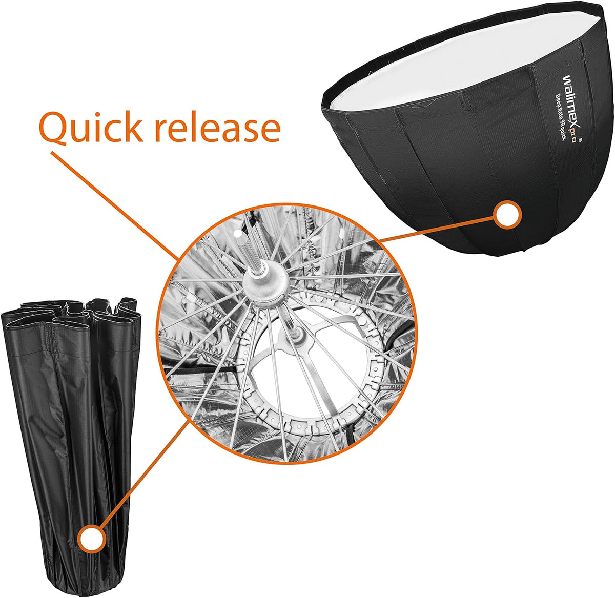 Walimex pro Studio Line Deep Rota Softbox QA90 Octabox lichtvormer, 90 cm Ø, 71 cm diepte, opvouwbaar, met rooster, binnen- en buitendiffuser, speedring, voor opsteekflitser systeemflitser