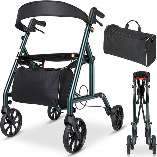 Careboda Rollator voor senioren, opvouwbaar en licht, smal voor woning, rollator voor alle terreinen, met banden van 20 cm, in hoogte verstelbare zitting en handgreep