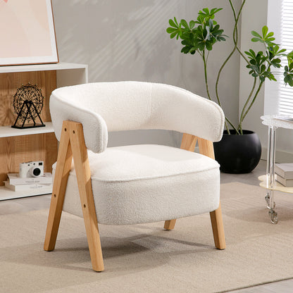 Fauteuil – Stoel – Armstoel – Zitstoel – Accentstoel – Wit – Zachte Fleece Bekleding – Metaal Frame Met Houten Poten
