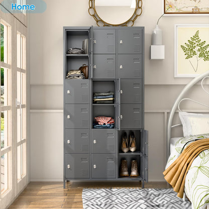 18-Pocket Metal Locker, Metal Wardrobe with Ventilation Slots for Workers, Sports Hall, School, Office (Dark Grey) - QUORE