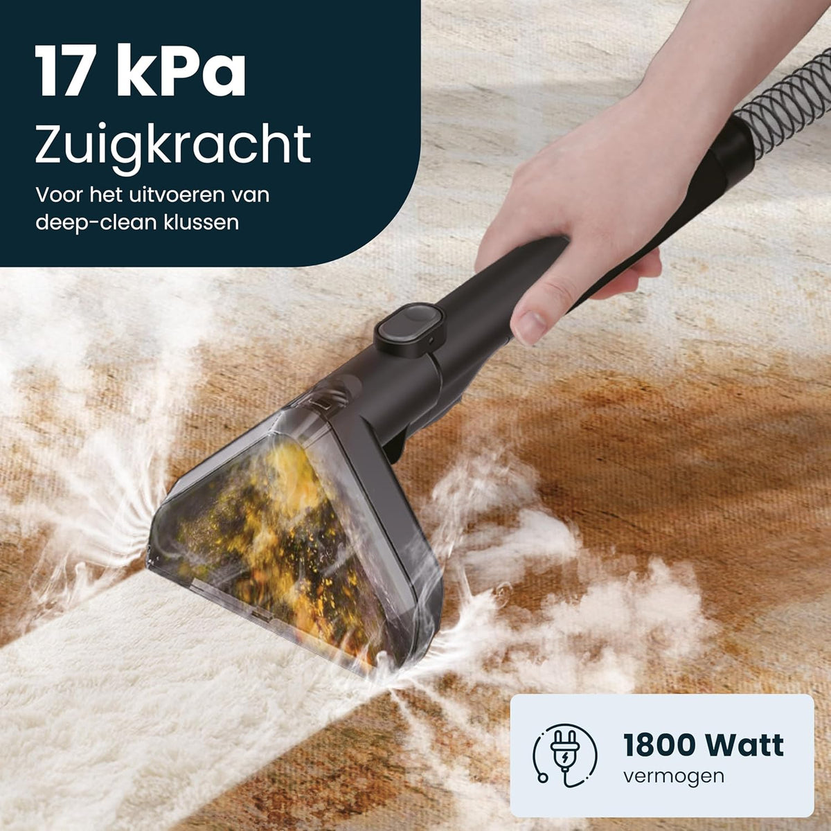 Tapijtreiniger – Vlekkenreiniger – Stoffenreiniger – Bekledingsreiniger – Meubelreiniger – Krachtige 17.000 kPA Zuigkracht – Zelfreinigende Functie Met 1,5 Meter Slang