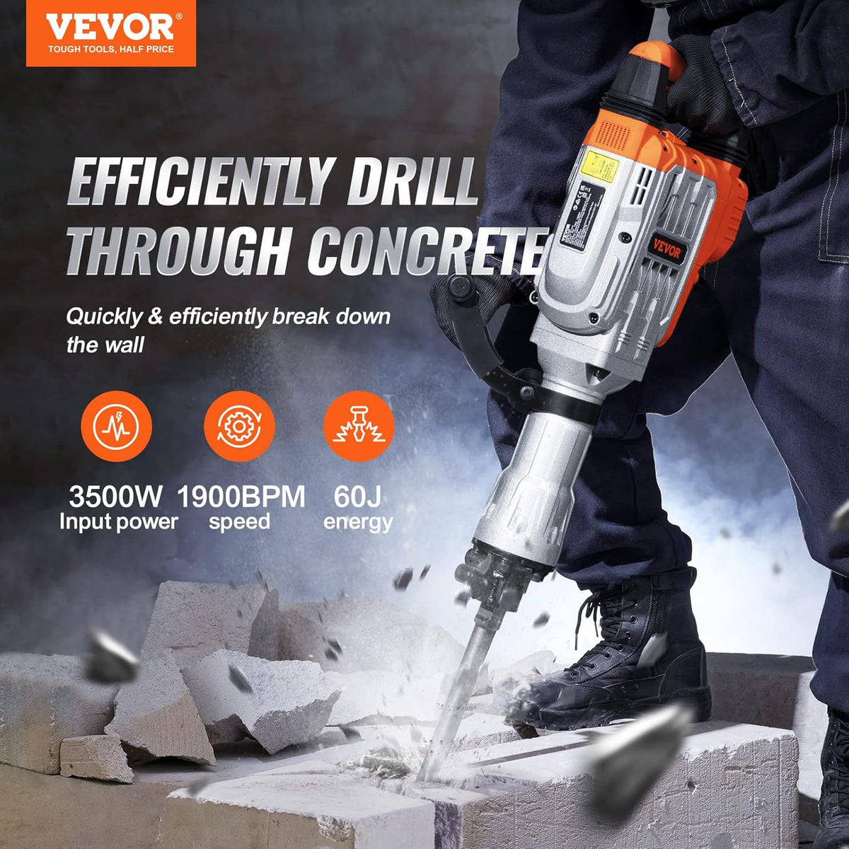 VEVOR Demolition Hammer, 3500W, Hammer, 60J 1900BPM, Hammer Drill with 2 Interchangeable Chisels, 360° Rotating Handle, Anti-Vibration, Concrete Crusher for Chiseling, Construction, Plumbing