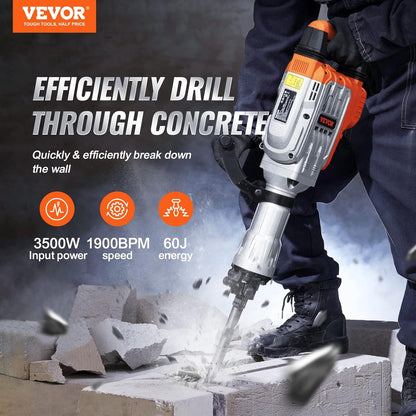 VEVOR Demolition Hammer, 3500W, Hammer, 60J 1900BPM, Hammer Drill with 2 Interchangeable Chisels, 360° Rotating Handle, Anti-Vibration, Concrete Crusher for Chiseling, Construction, Plumbing