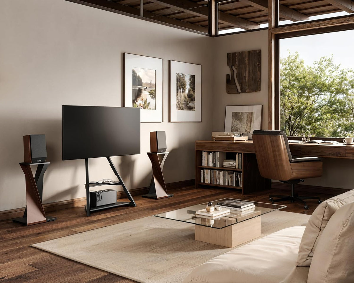 FITUEYES Design tv-standaard met wieltjes voor tv 32 43 55 65 inch, in hoogte verstelbaar 946 - 1076,5 mm, met 2 planken voor huis, woonkamer, conferentie serie Eiffel