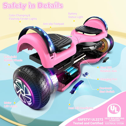 Hoverboard, zelfbalancerende scooter, 6,5 inch, twee wielen, zelfbalancerend, hoverboard met bluetooth-luidspreker en ledverlichting, cadeau voor kinderen