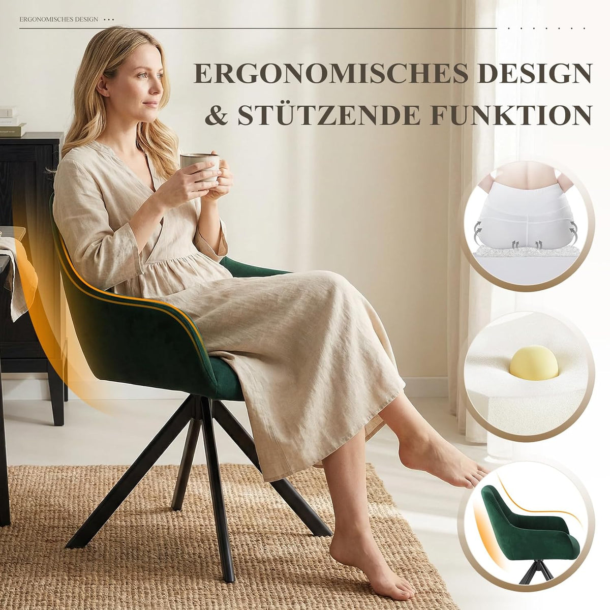 COLAMY Draaibare eetkamerstoelen, set van 2, eetkamerstoelen, draaibaar, met armleuning, draaibare armleuning, met rugleuning, voor eetkamer, stoelen van zachte poolstof met metalen frame voor keuken