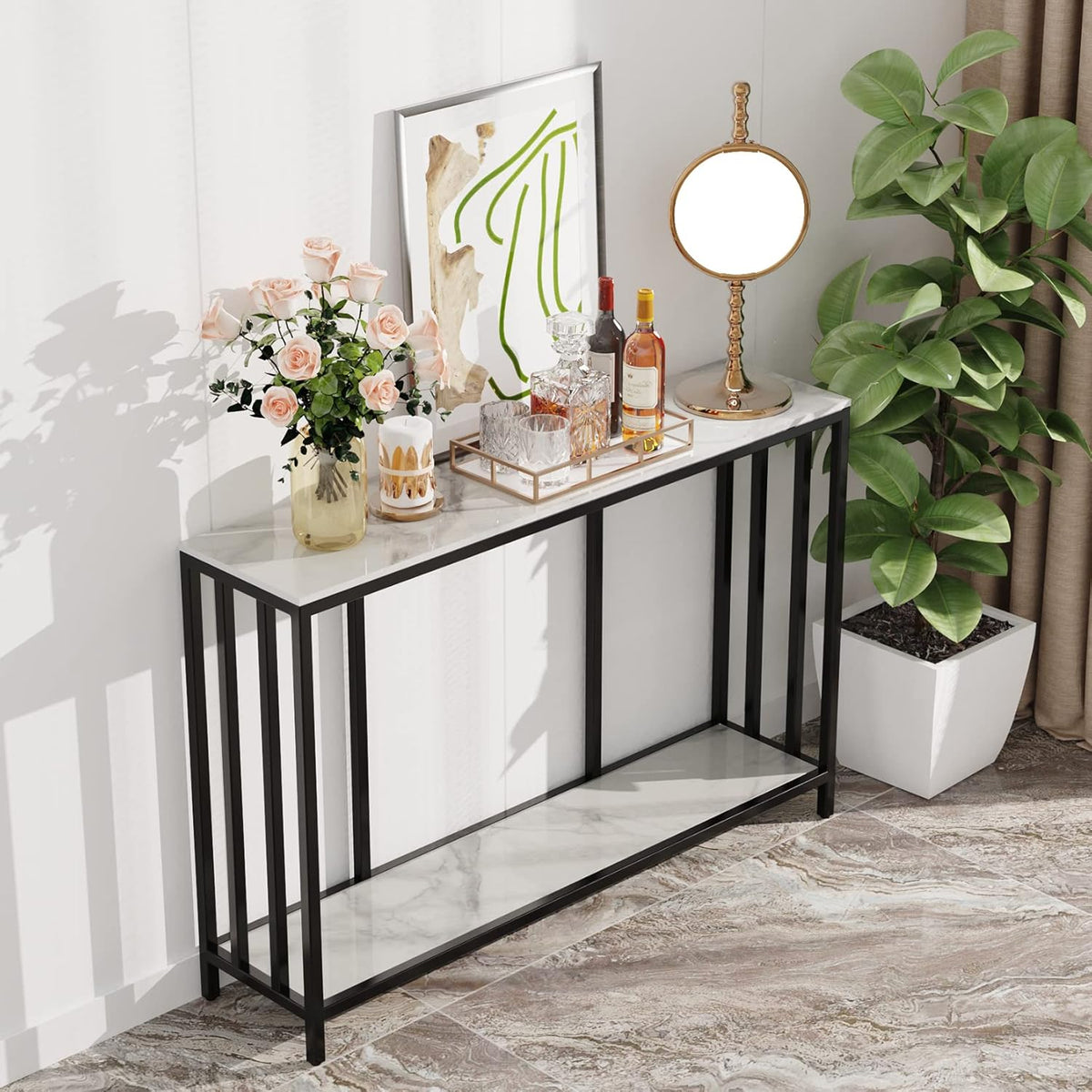 FATIVO 2-laags consoletafel gangunit: marmeren blad consoles bureau 120x30x78cm lang hoogglans gesinterde steen marmer zwart frame frame smalle hoge moderne bank opslag bijzettafels woonkamer