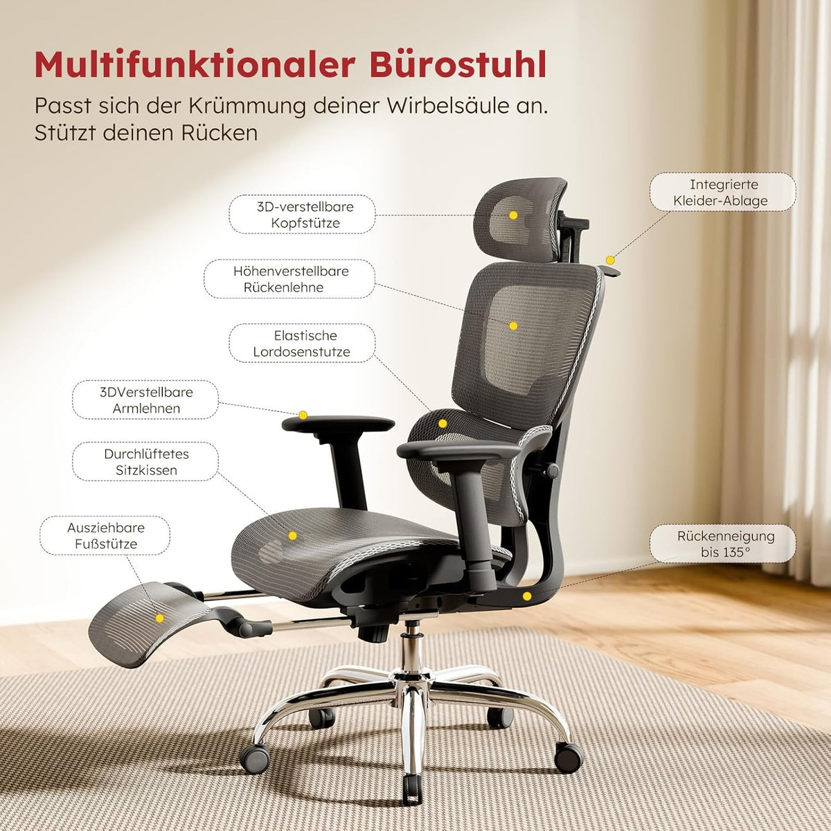 Ergonomische Bureaustoel – Kantoorstoel – Werkstoel – Draaistoel – Mesh Stoel – Volledig Mesh Ontwerp – Verwijderbaar Zitkussen – Uittrekbare Voetensteun – Verstelbare Rugleuning – 3D Armleuningen – Donkergrijs