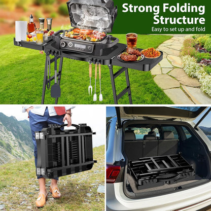 GFTIME Universele draagbare grillwagen voor Enders Urban, Weber Q100/Q200/Q300, Ninja Woodfire, Burnhard Wayne, opvouwbare outdoor grillstandaard met groot werkblad en in hoogte verstelbare poten