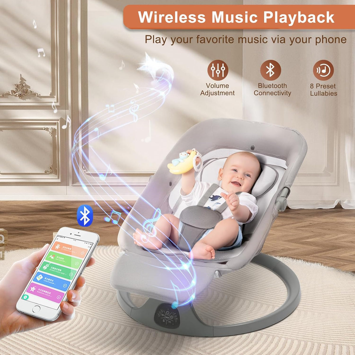 Baby Electric Bouncer 0 to 12 kg with Lullaby, 5 Rocking Speeds, Dinner Plate, Bluetooth Remote Control, Foldable, 5-Point Strap, for Indoor and Outdoor Use - QUORE