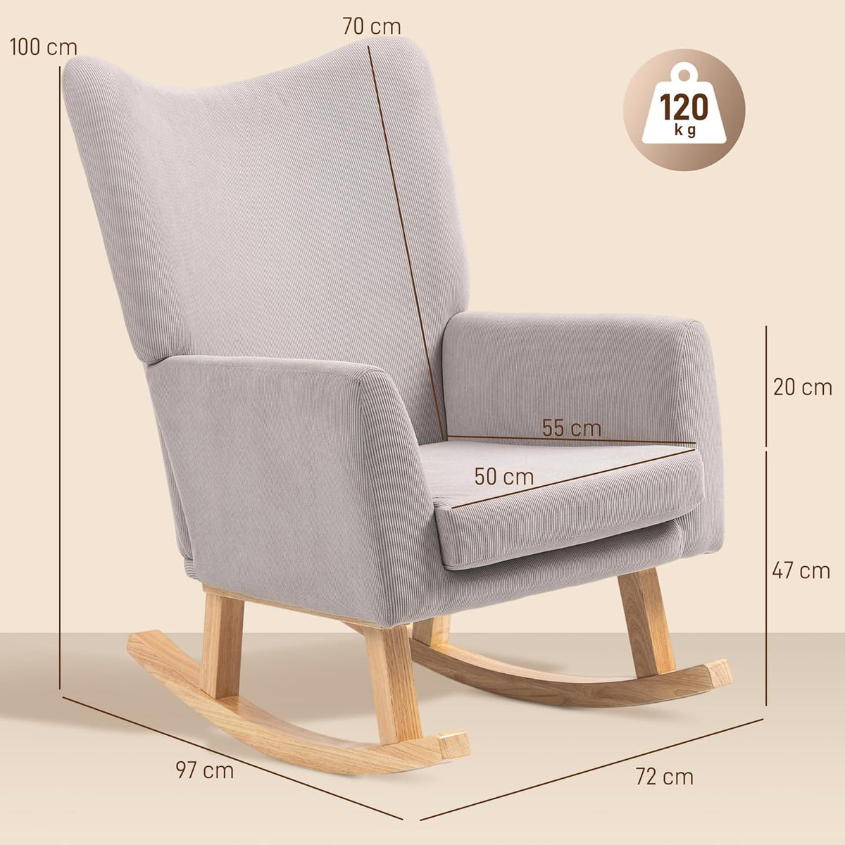 HOMCOM Schommelstoel, schommelstoel met hoge rugleuning, corduroy, schommelstoel, relaxstoel met brede armleuning, houten glijders, voedingsstoel voor woonkamer, slaapkamer, balkon, lichtgrijs