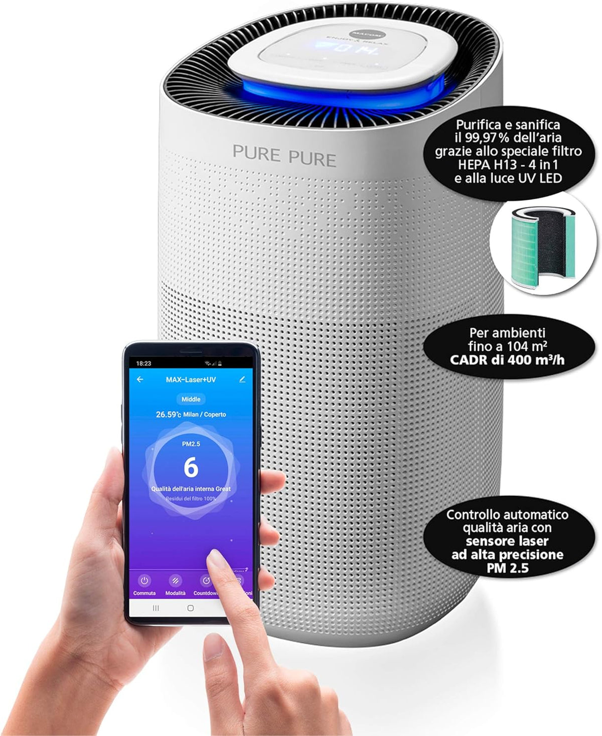 Luchtreiniger – Luchtzuiveraar – Luchtfilter – HEPA Filter – PM2.5 Sensor – Geschikt Voor Ruimtes Tot 104 m² – CADR 400 m³/h