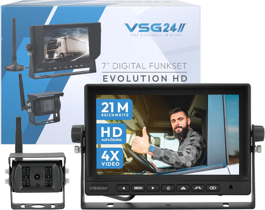 VSG24 24145 – 7" Draadloos PROFI Achteruitrijdsysteem voor RV & Truck, Camera Set, Afstandslijn Display, Nachtzicht, 120° Hoek, 12V, e-Approval, IP68