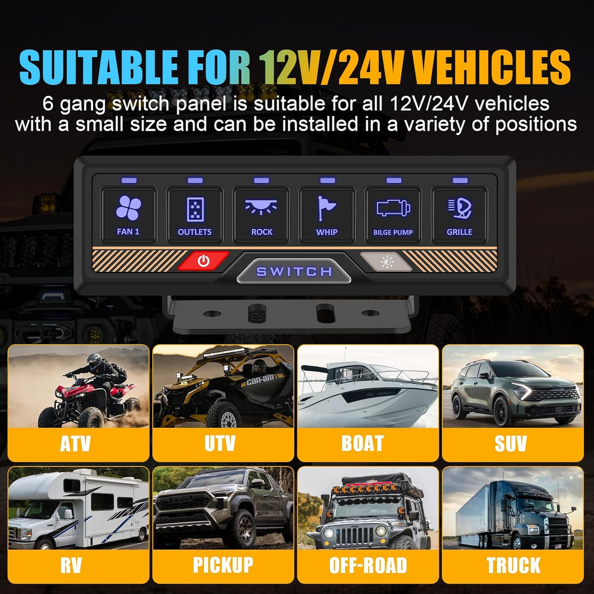 Chelhead 12 V/24 V schakelpaneel, RGB, 6-voudig dimbaar, multifunctioneel programmeerbaar schakelpaneel, accessoires, batterijbesturing, waterdicht, compatibel met vrachtwagen, boot, SUV, camper