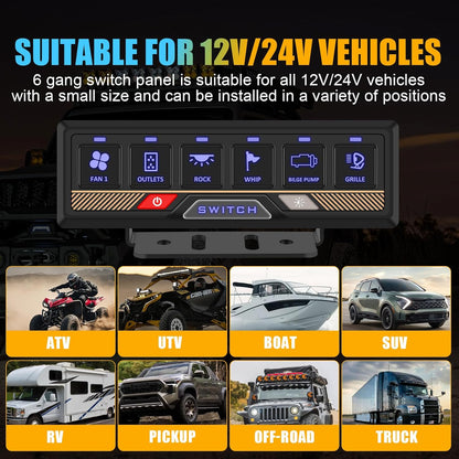 Chelhead 12 V/24 V schakelpaneel, RGB, 6-voudig dimbaar, multifunctioneel programmeerbaar schakelpaneel, accessoires, batterijbesturing, waterdicht, compatibel met vrachtwagen, boot, SUV, camper