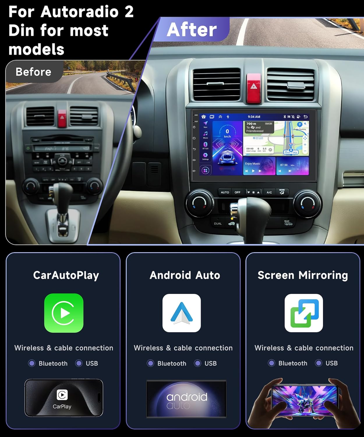 【4+64G】Podofo 8-Core Android 13 Autoradio Draadloze Carplay Android Auto Bluetooth met 7"Touchscreen, Radio RDS/FM met Wifi/GPS Navi+AHD Back up Camera DSP/HiFi