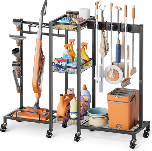 Bikoney Bezemhouder en Organizer Schoonmaakmiddelen, Schoonmaakkar met Wielen en Kast, Trolley voor Bezem en Mop met Stofzuigerhouder, Multi Functionele Schoonmaaktrolley voor Huis en Wasruimte
