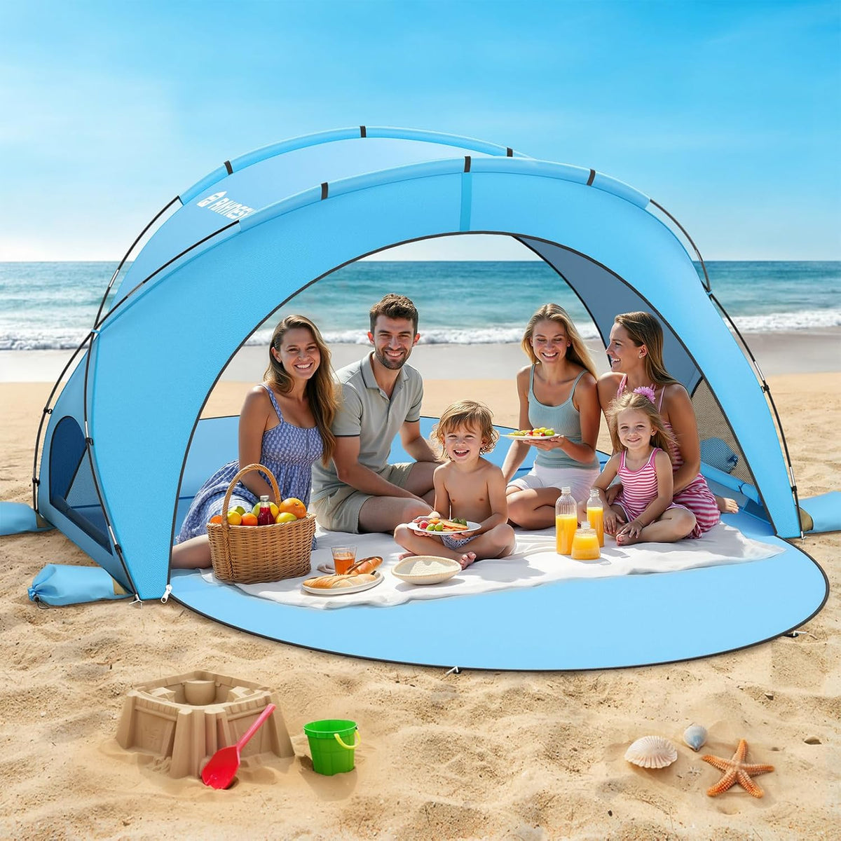 Raynesys Strandtent voor 1-6 personen, 2 deuren met ritssluiting, zonwering, uv-bescherming UPF50+, draagbare strandtent voor camping en vissen, blauw