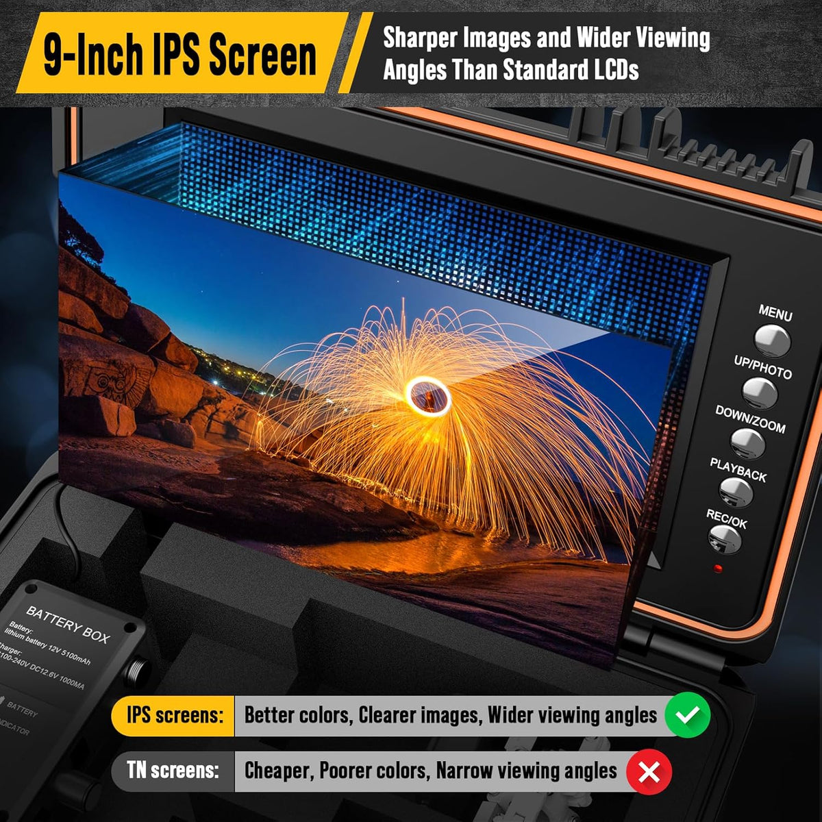 Anysun Inspectiecamera, zelfnivellerende endoscoop, 1080P, kabel met metermarkering, 9 inch IPS-scherm, DVR-recorder, waterdicht IP68, 23 mm, camera met 5100 mAh batterij (50 m)