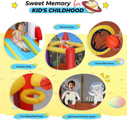 Opblaasbaar slot voor kinderen (2-8 jaar), opblaasbaar slot met ventilator, astronautenspeelplaats en schietruimte, raketkasteel voor binnen- en buitenfeesten