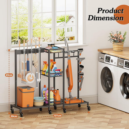 Bikoney Bezemhouder en Organizer Schoonmaakmiddelen, Schoonmaakkar met Wielen en Kast, Trolley voor Bezem en Mop met Stofzuigerhouder, Multi Functionele Schoonmaaktrolley voor Huis en Wasruimte