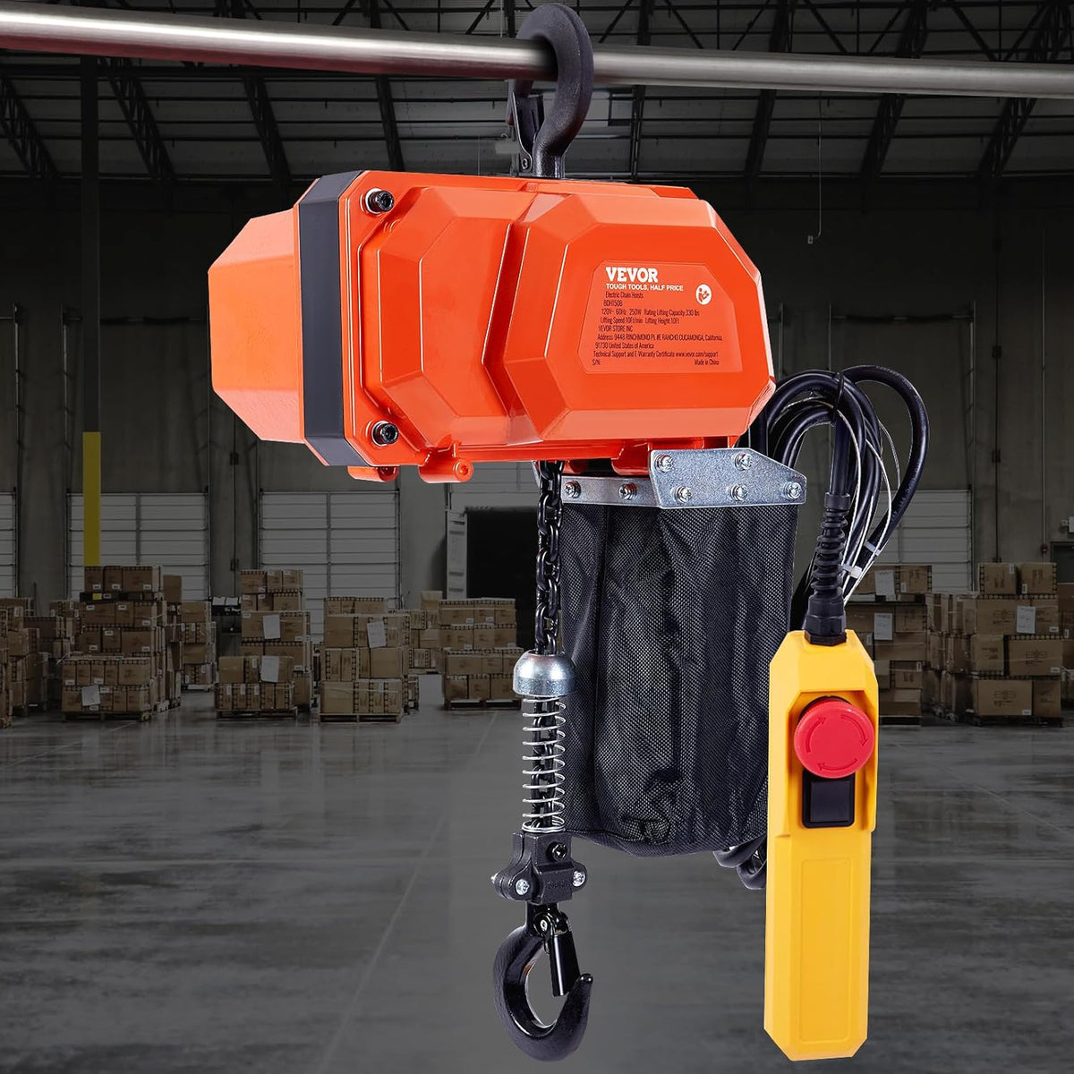 VEVOR Elektrische kettingtakel, 149,7 kg draagkracht, 3 m hefhoogte, 2,3 m/min snelheid, 1-fase elektrische lier met G80-ketting, 3 m kabelafstandsbediening, voor garage, winkel, hotel, thuis