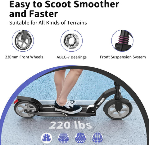 BELEEV V10 Big Wheel Scooter voor kinderen vanaf 6 jaar, met oplichtend dek, opvouwbare scooter met 2 wielen voor volwassenen en tieners, 5 verstelbare hoogte, lichtgewicht sport forenzen scooter met