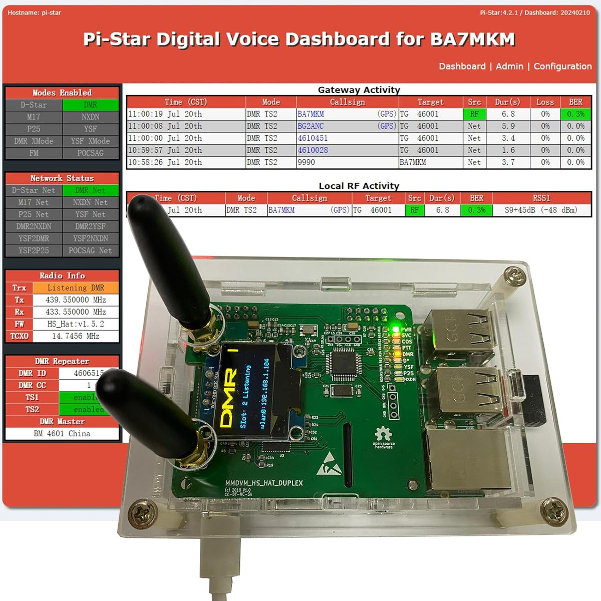 All-New Upgraded Duplex DMR Hotspot WLAN Ehternet Port gemonteerd Radio Station WiFi Digital Voice Modem Support DMR Dstar YSF P25 Fusion Antenna Raspbery P Model 2B Two Colors OLED 2 TimeSlots