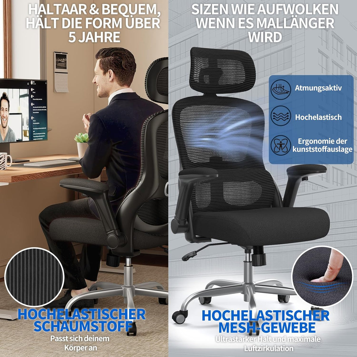 TRALT Bureaustoel, ergonomisch, gamingstoel met verstelbare hoofdsteun, lendensteun, bureaustoel, computerstoel voor grote mensen, mesh-stoel, 150 kg, zwart