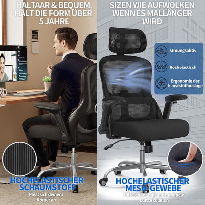 TRALT Bureaustoel, ergonomisch, gamingstoel met verstelbare hoofdsteun, lendensteun, bureaustoel, computerstoel voor grote mensen, mesh-stoel, 150 kg, zwart