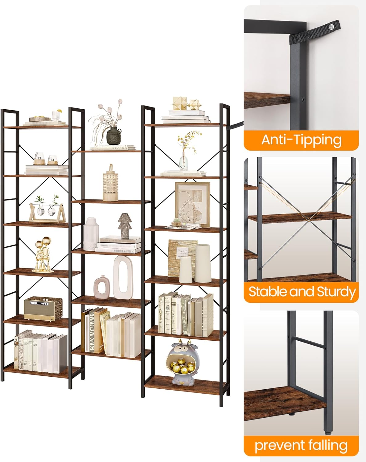 Hzuaneri Bookshelves, Freestanding Shelves, 17 Shelves, 6 Layers, Adjustable Distance, 24 x 152 x 186 cm, Load Capacity 340 kg, Living Room, Office Vintage Brown-Black BC10101B