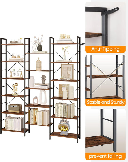 Hzuaneri Bookshelves, Freestanding Shelves, 17 Shelves, 6 Layers, Adjustable Distance, 24 x 152 x 186 cm, Load Capacity 340 kg, Living Room, Office Vintage Brown-Black BC10101B