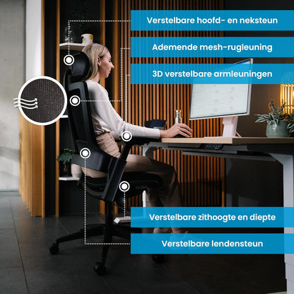 Ergonomische Bureaustoel – Bureaustoel Ergonomisch – Draaistoel – Directiestoel – Kantoormeubelen – Verstelbare lendensteun – 3D-armleuningen – Mesh rugleuning – Neksteun