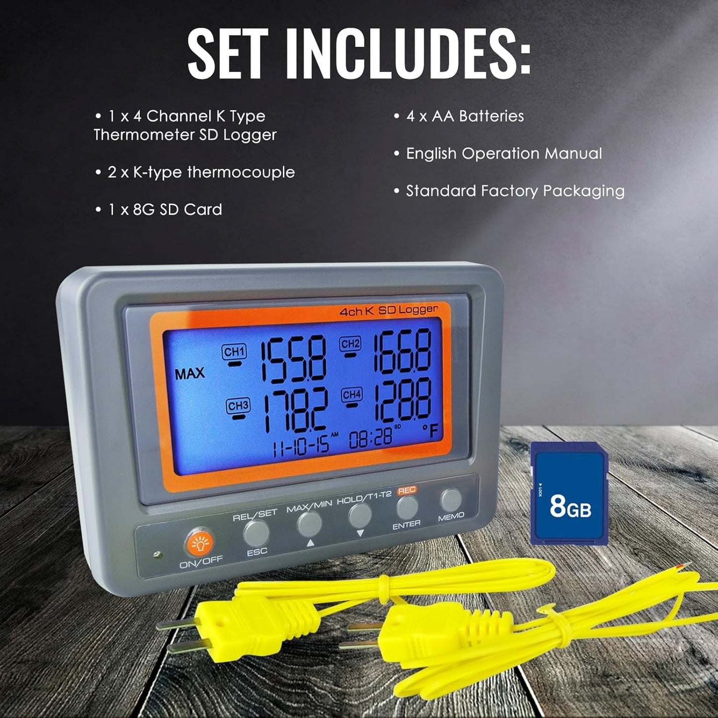 4 Kanaals K Type Thermometer Sd-kaart Datalogger Thermoelementtemperatuur Met Pieper En Led-alarm + 2 K Thermoelementsonde