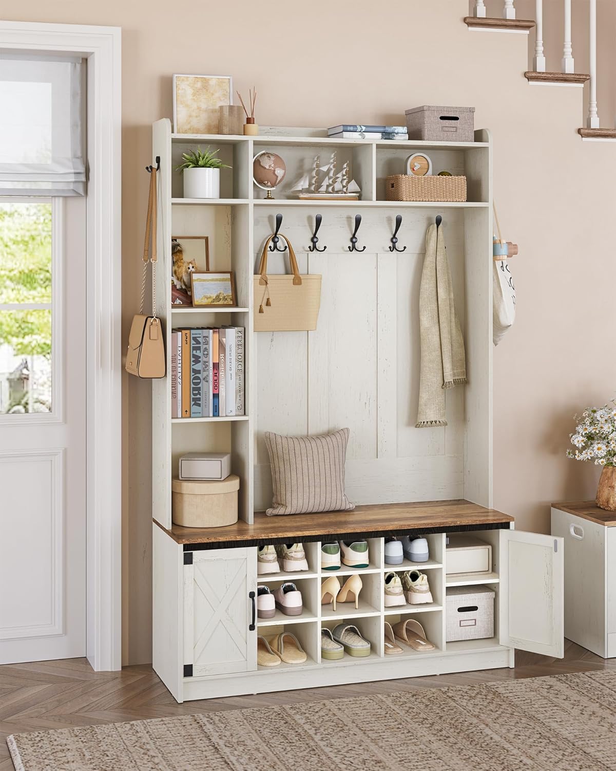 Hzuaneri Hallway tree, LED storage space and coat rack in wood, hall furniture with 7 hooks, hallway tree with bench and storage space, shoe bench with 6 storage compartments, rustic white HT24614XEU