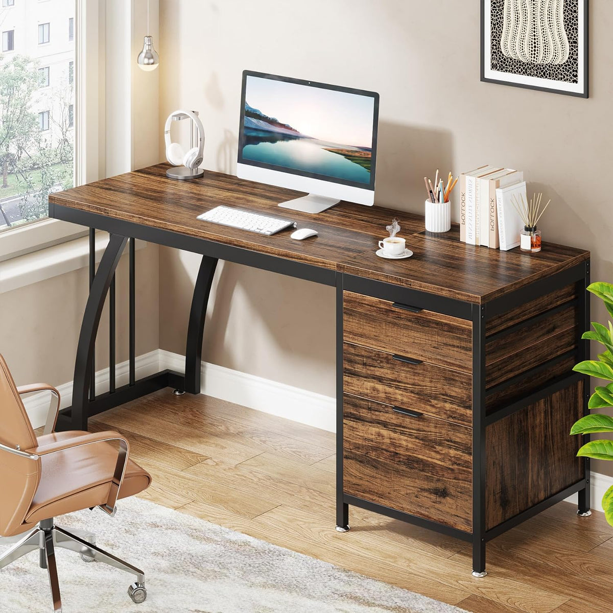 Tribesigns Computer Table with 3 Drawers, 150cm, PC Desk with Reversible Drawers, Industrial Desk with File Drawer for Home Office, Rustic Brown