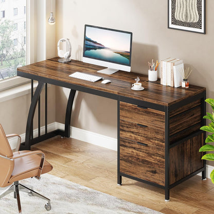 Tribesigns Computer Table with 3 Drawers, 150cm, PC Desk with Reversible Drawers, Industrial Desk with File Drawer for Home Office, Rustic Brown
