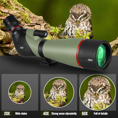 Gosky Observatiebril 20-60 x 80 HD dubbele focus, BAK4-prisma, 45 graden gebogen oculair - met statief en smartphone-adapter, voor vogelobservatie, doelschieten, jacht,