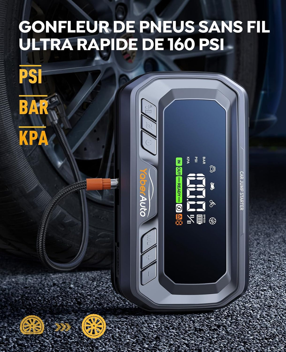 YaberAuto 10-in-1 booster auto accu 7000 A, PD 65 W, compressor 160 psi, 26800 mAh, 600 lm LED, groot scherm starter batterij, met jump starter verlengde kabel voor (alle gas of 12 l diesel)