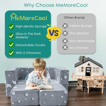 MeMoreCool Kindersofabed, Modulaire Peuterbank, Oplichtende Sterren Kinderstoel Lounger Opklapbaar, Baby Mini Bank Slaapkamermeubilair voor Speelkamer, Grijze Ster
