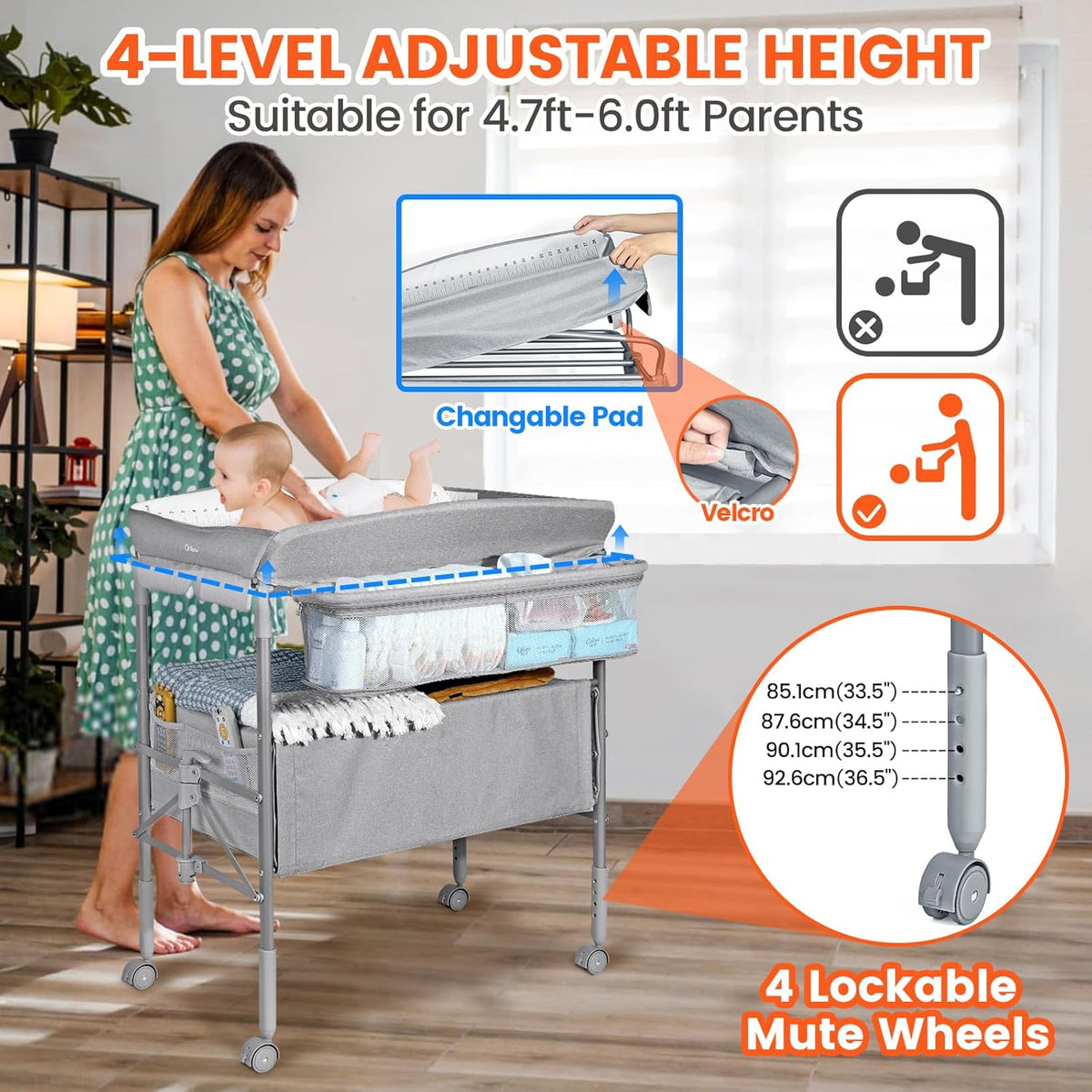 Orzbow Draagbare Baby Luiertafel met Laden en Nachtlampje, in Hoogte Verstelbaar Babyverschoontafel met Veiligheidsgordel, Opvouwbaar en Mobiel Verzorgingstafel, Ruime Opbergruimte, Grijs