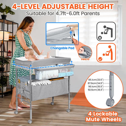 Orzbow Draagbare Baby Luiertafel met Laden en Nachtlampje, in Hoogte Verstelbaar Babyverschoontafel met Veiligheidsgordel, Opvouwbaar en Mobiel Verzorgingstafel, Ruime Opbergruimte, Grijs