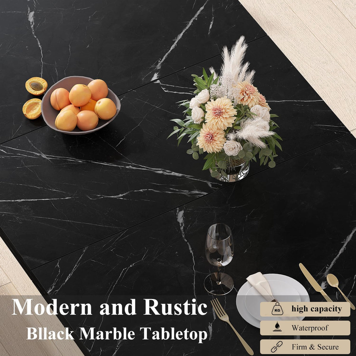 HSH Zwarte Faux Marmeren Eettafel, 63" Moderne Eettafel voor 6 Personen, Boerderij Rechthoekige Keuken Tafel voor Woonkamer, Lange Houten Eetkamer Tafel met Sterk Sokkel, Zwart Marmer, 63"